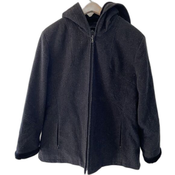 Apostrophe‎ Wool Blend Coat Womens L Black fur Trim Lined Hooded Zip penny lane - Picture 2 of 9
